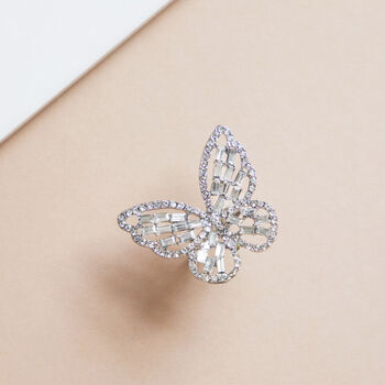 Silver Colour Crystal Encrusted 3D Butterfly Ring, 2 of 3