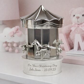 Personalised Money Box Silver Carousel Christening Gift For Children, 5 of 8