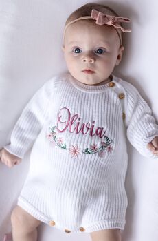 White Personalised Floral Embroidered Long Sleeve Romper, 4 of 12