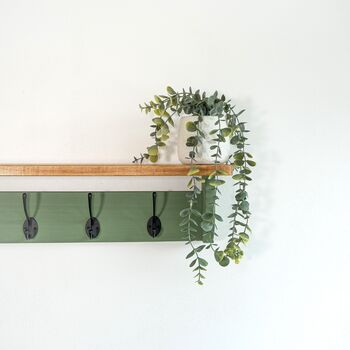 Green Coat Rack With Shelf, Dark Wax Shelf 10cm Deep, Shelf With Hooks, Black, Silver, Bronze, Copper, Chrome, Brass Hooks, Painted In F And B No.34, 5 of 8