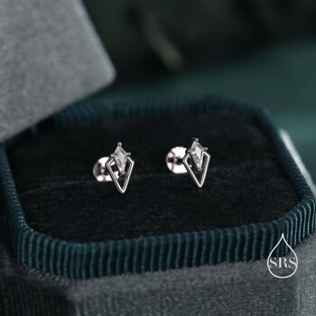 Sterling Silver Art Deco Inspired Tiny Rhombus Cz Screw Back / Internally Threaded Flat Back / Stud Earrings, 3 of 12