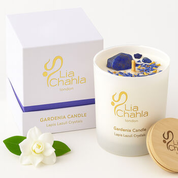 Gardenia Scented Candle Infused With Lapis Lazuli Crystals, 2 of 9