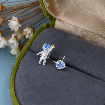 Mismatched Planet And Astronaut Stud Earrings In Sterling Silver, 3 of 10