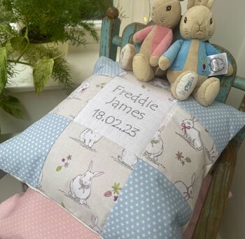 Nursery Bunny Name And Date Cushion, 7 of 7