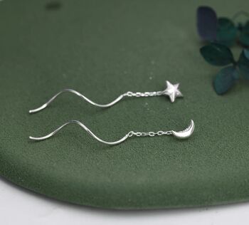 Moon And Star Threader Earrings In Sterling Silver, 3 of 9
