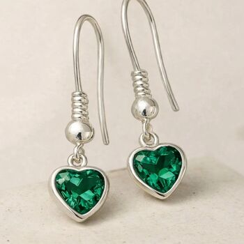 May Heart Birthstone Sterling Silver Earrings Emerald, 2 of 5