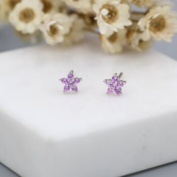 Tiny Pink Cz Flower Stud Earrings In Sterling Silver, 8 of 11