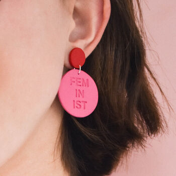 Feminist Mismatched Pink And Red Clay Earrings, 2 of 4