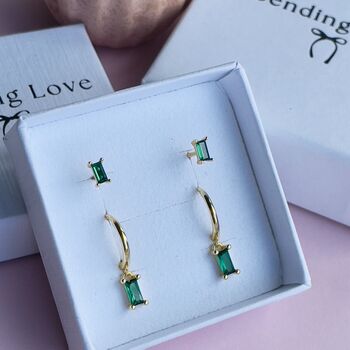Emerald Baguette Hoop And Stud Earring Set Gold Or Silver Gift For Her, 9 of 12