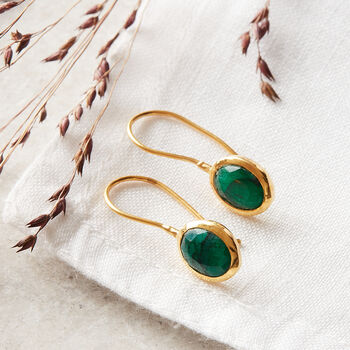 Emerald Oval Short Drop Gold Plated Silver Earrings, 2 of 10