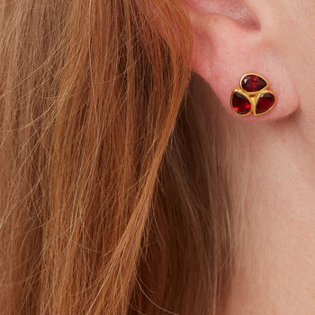 Garnet Triple Teardrop Gold Plated Silver Stud Earrings, 2 of 12