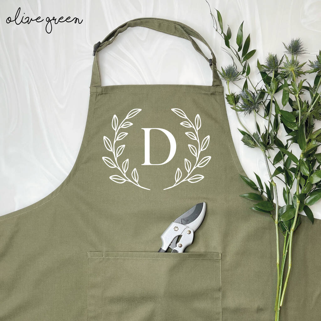 Olive Leaf Gardening Apron Personalised With Initial, 1 of 5