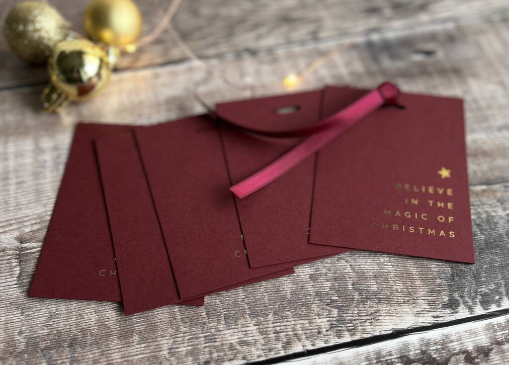 Crimson Red Xmas Gift Tags With Gold Foil Set Of Five, 1 of 3