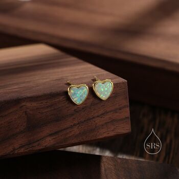 Sterling Silver Green Opal Heart Stud Earrings, 4 of 11