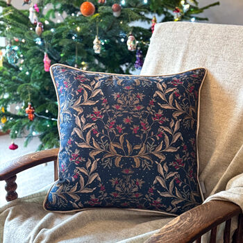 Luxury Heavy Linen Blend Cushion Christmas Navy Gold, 2 of 5