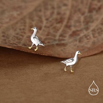 Sterling Silver Goose Stud Earrings With Gold Details, 6 of 11