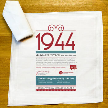 Personalised 80th Birthday Gift 1944 Handkerchief Pair, 5 of 8