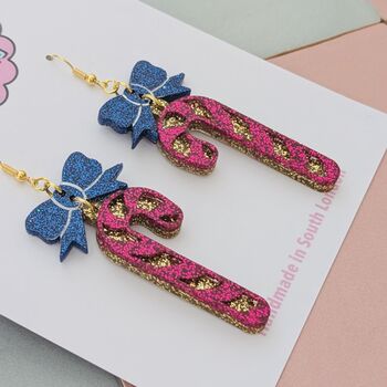 Candy Cane Glitter Resin Christmas Earrings Red And White, Pink And Blue, 5 of 8