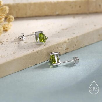 Sterling Silver Genuine Peridot Trillion Cut Stud Earrings, 3 of 12