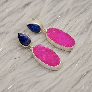 Blue Sapphire, Pink Druzy Agate Silver Earrings, 2 of 7