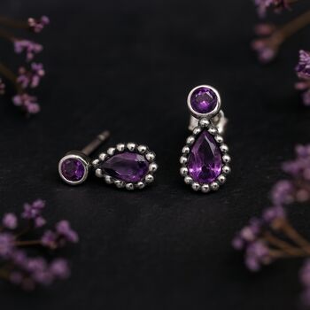 Teardrop Sterling Silver Amethyst Stud Earrings, 3 of 10