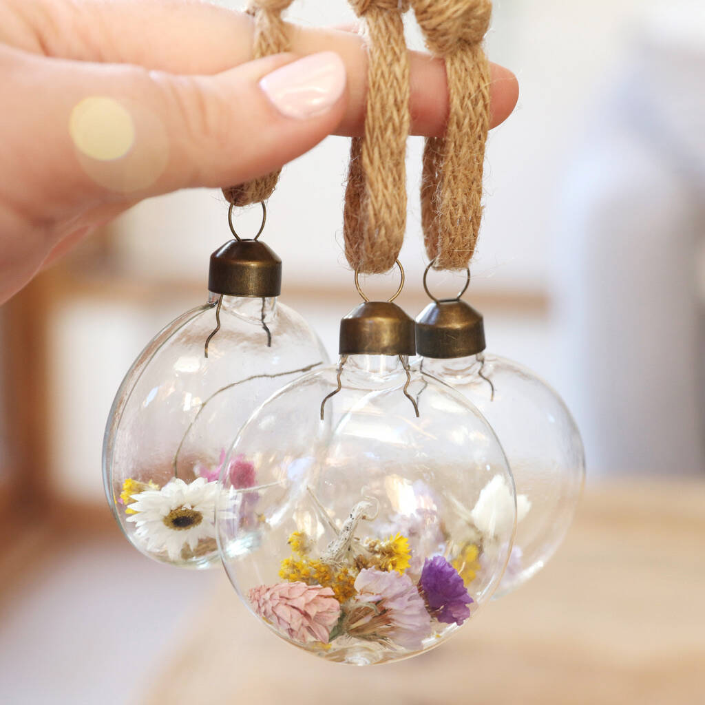 Set Of Three Dried Flower Baubles By Lisa Angel