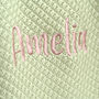 Personalised Sage Green Knitted Baby Blanket With Pom Poms, thumbnail 6 of 9