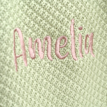 Personalised Sage Green Knitted Baby Blanket With Pom Poms, 6 of 9