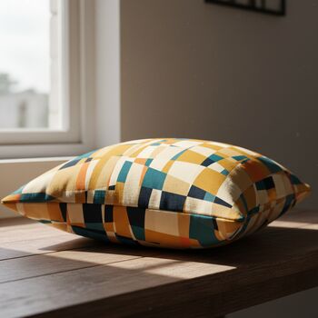 Cushion Cover In Geometric Mid Century Mustard And Teal Abstract Design, 2 of 12