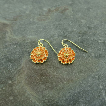 Marigold Orange Flower Drop Earrings, Gold Tone, 2 of 3