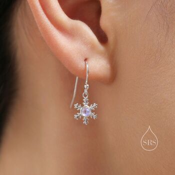 Sterling Silver Moonstone Snowflake Drop Hook Earrings, 6 of 10
