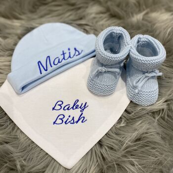 Personalised Newborn Hat, Bib And Booties Gift Set, 2 of 8