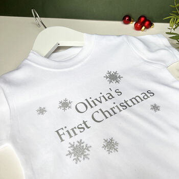 Personalised First Christmas Snowflake Baby Grow / Top, 3 of 8