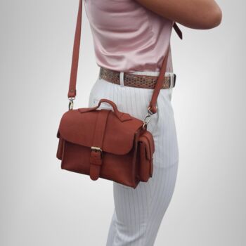 Small Leather Crossbody Satchel Handheld Handbag Caramel Tan Light Brown With Side Pockets, 2 of 9