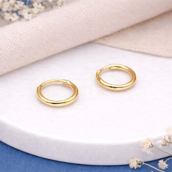 Mini Gold Plated Sterling Silver Huggie Sleeper Hoop Earrings – 10mm, 5 of 8