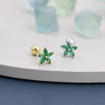 Emerald Green Cz Flower Screw Back Earrings, 4 of 11