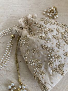 Cream Handcrafted Embroidered Pearl Potli Bag/Wrist Bag, 7 of 10