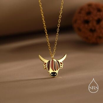 Sterling Silver Enamel Highland Cow Pendant Necklace, 5 of 12