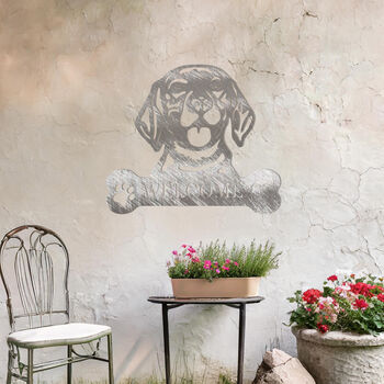 Personalised Beagle Welcome Metal Wall Art Sign For Home And Garden Gift, 4 of 11