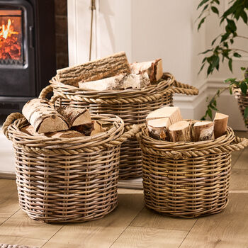 Round Woven Wicker Log Basket With Rope Handles, 2 of 5