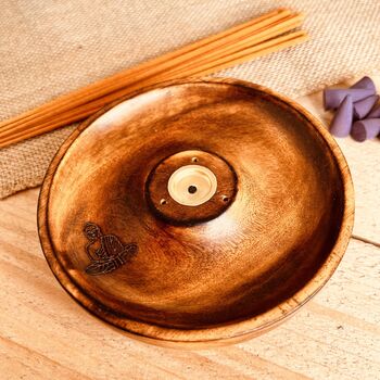 Handmade Mango Wood Incense Stick And Cone Holder Buddha, 3 of 5