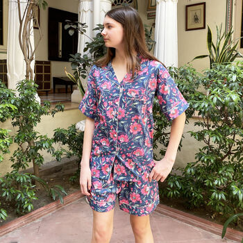Navy And Pink Block Print 100% Cotton Ladies Pyjama Short Set, 2 of 10