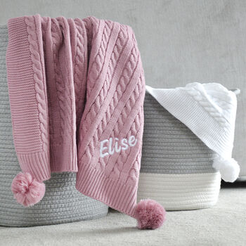 Personalised Cable Knit Pom Pom Blanket Dusty Pink, 4 of 10