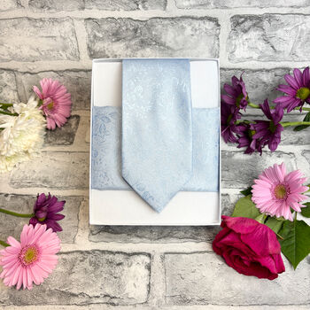 Cloudy Blue Woodland Leaves Wedding Tie Set, 4 of 6