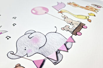 Personalised Pink Animals On Parade Nursery Art Print, 5 of 11