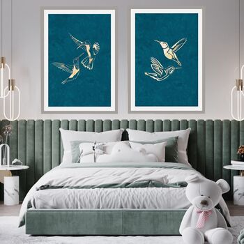 Two Turquoise Gold Hummingbird Wall Art Prints, 2 of 5