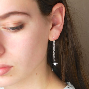 Sterling Silver Shining Star Threader Earrings, 2 of 6