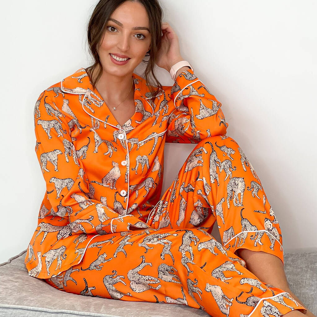 Women's Orange Cheetah Print Pyjamas, 1 of 8