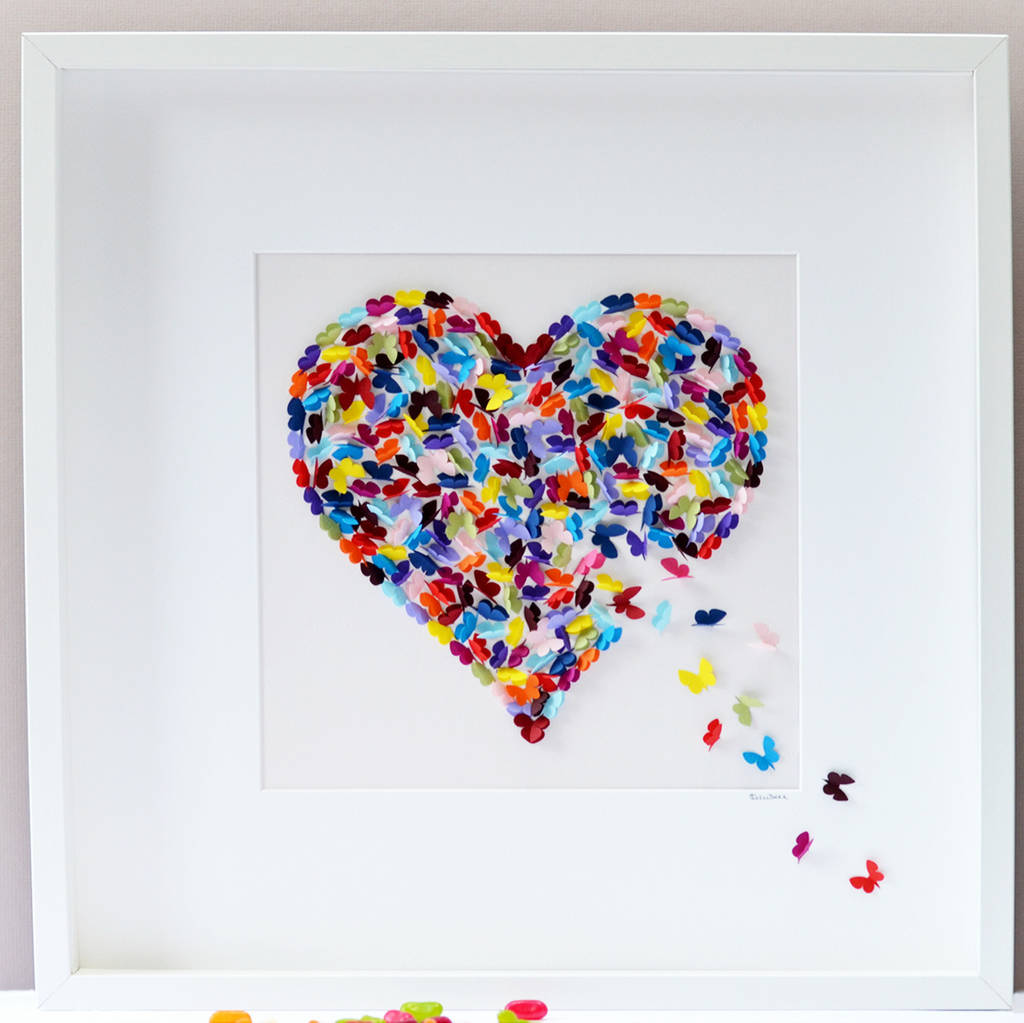romantic butterfly heart wall art, anniversary art by inkywool