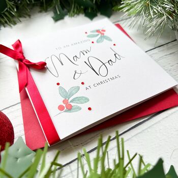 Mum And Dad Mistletoe Christmas Card, Customisable, 3 of 5